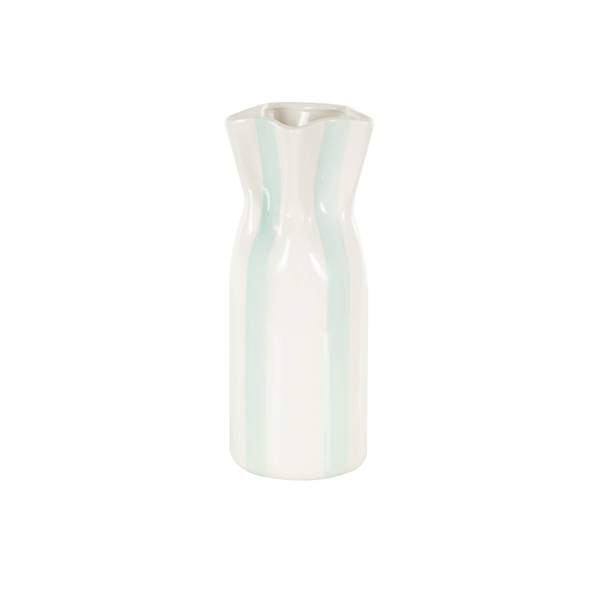 12" White & Teal Stripes Round Wide Ceramic Vase